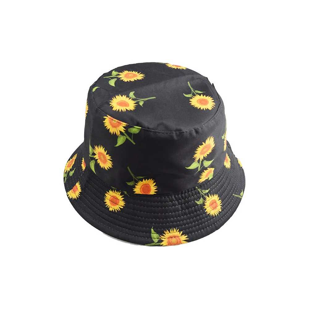 Unisex Reservible Sunflower Print Boonie Bucket Hat Cap Brim Outdoor Sun Safari Camping Fishing