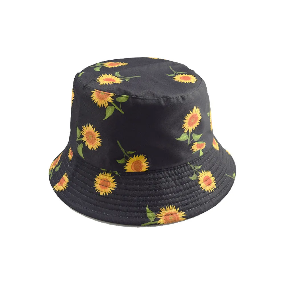 Unisex Reservible Sunflower Print Boonie Bucket Hat Cap Brim Outdoor Sun Safari Camping Fishing