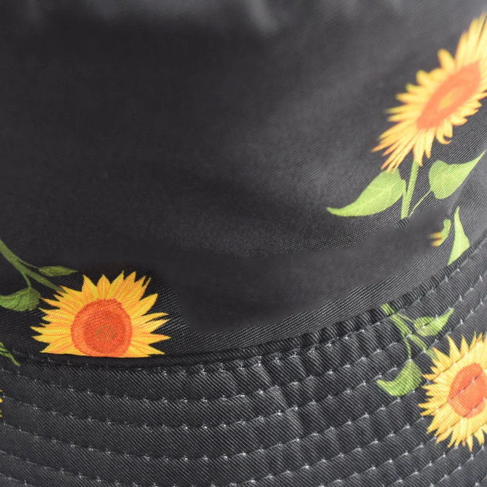 Unisex Reservible Sunflower Print Boonie Bucket Hat Cap Brim Outdoor Sun Safari Camping Fishing