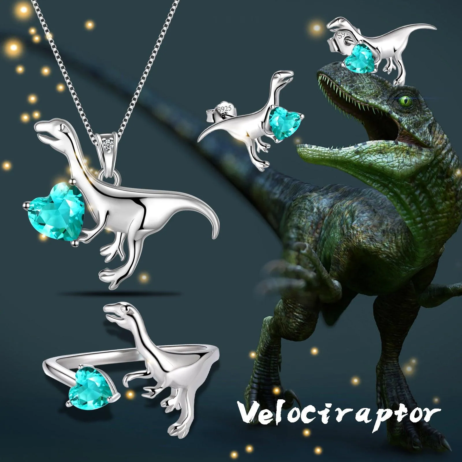 Velociraptor Dinosaur Charm Jewelry Set Earrings Necklace Ring Women Girls Jewelry Gift