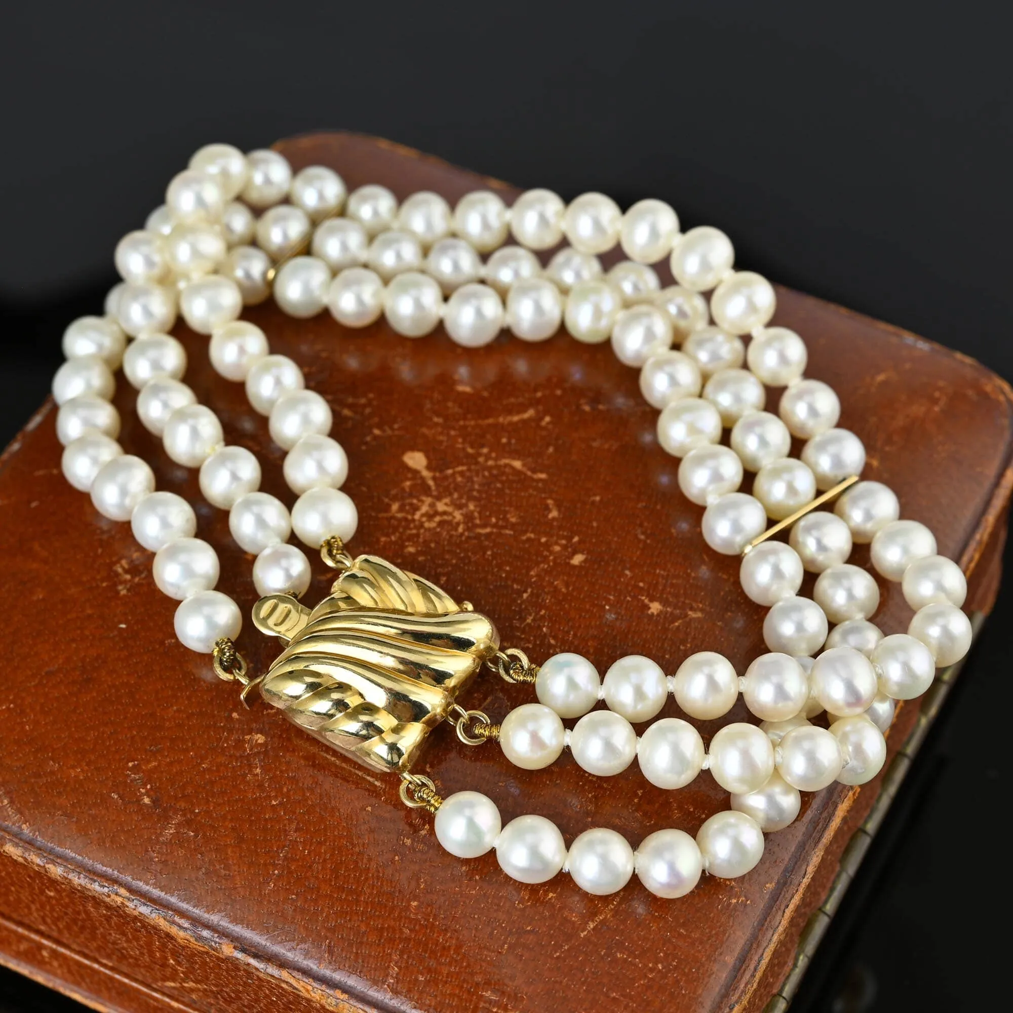 Vintage 14k Gold Three Row Pearl Bracelet