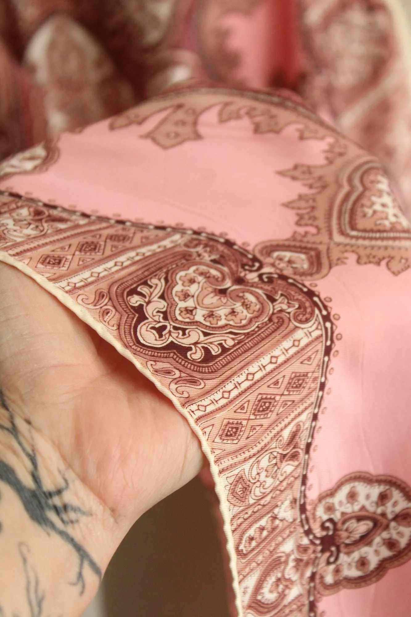 Vintage 1960s 1970s Pink And Brown Paisley Medallion Print Scarf