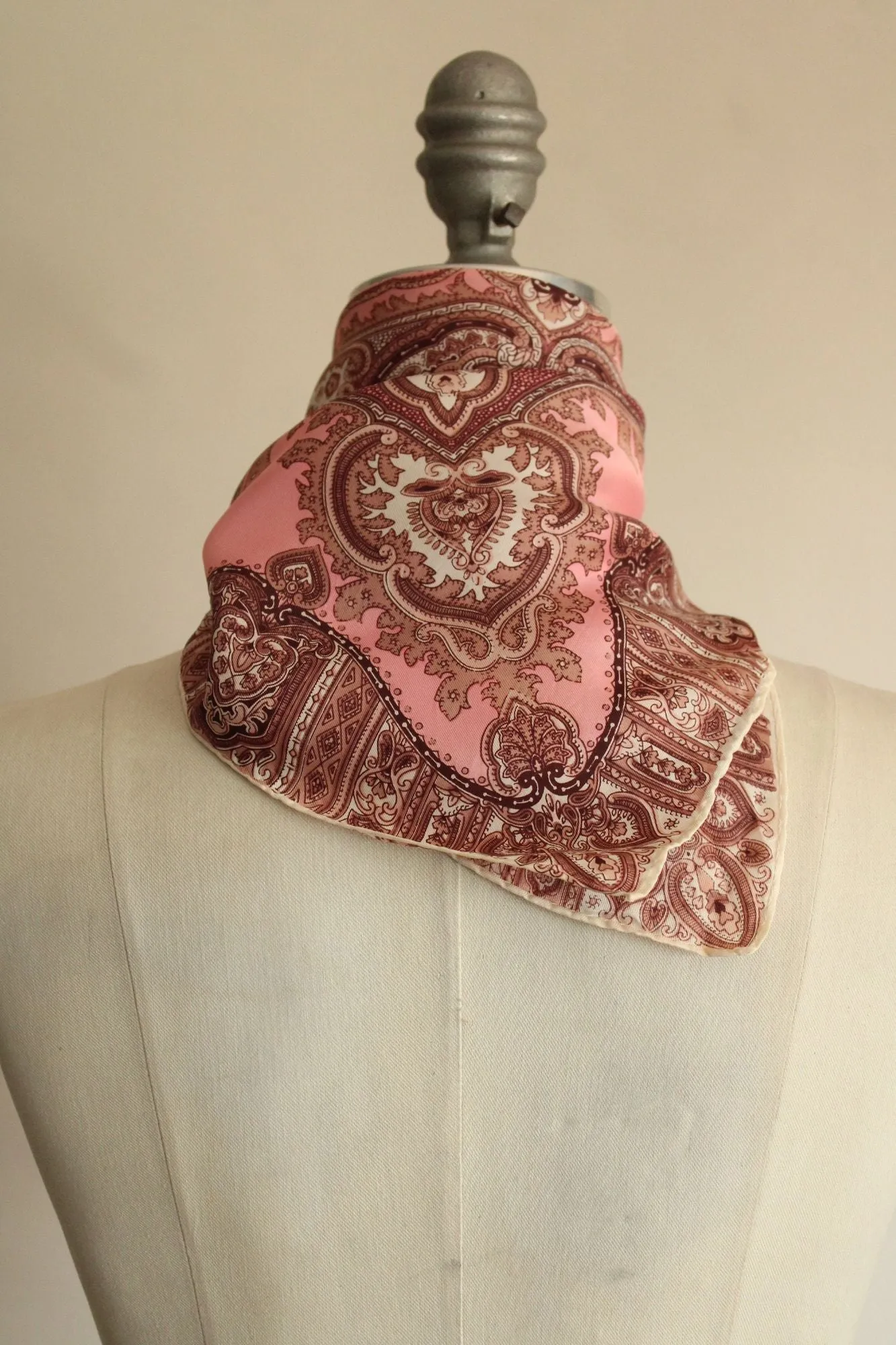 Vintage 1960s 1970s Pink And Brown Paisley Medallion Print Scarf