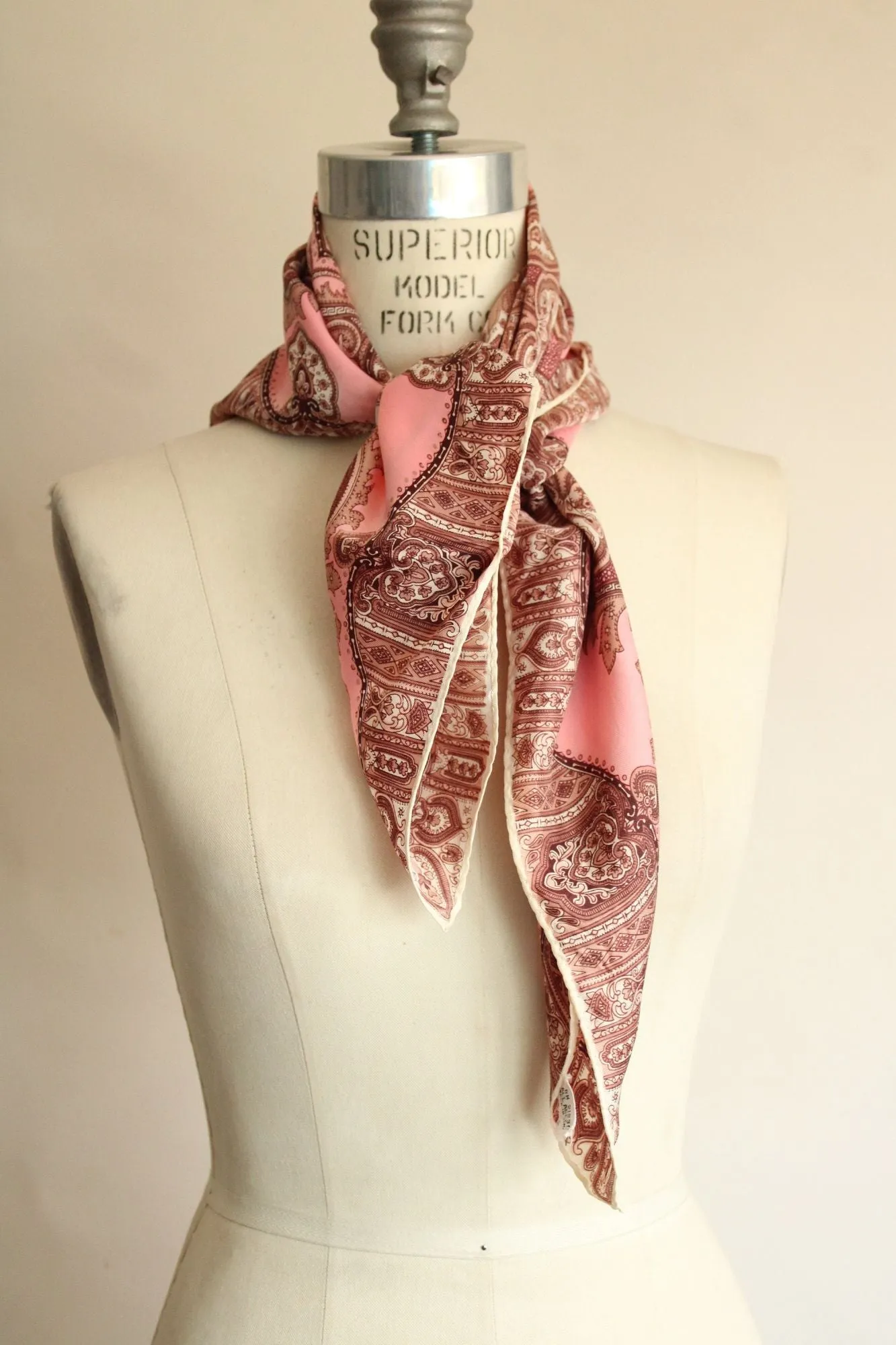 Vintage 1960s 1970s Pink And Brown Paisley Medallion Print Scarf