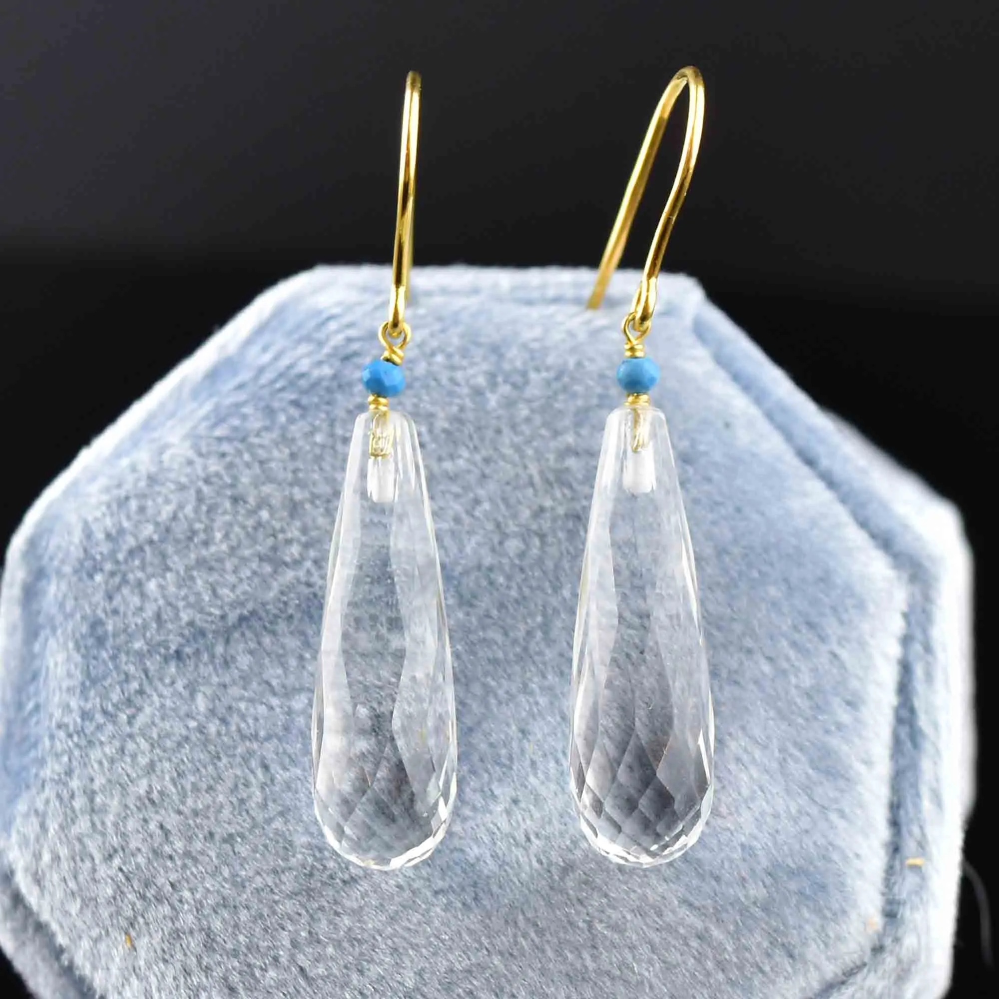 Vintage Gold Rock Crystal Turquoise Drop Earrings