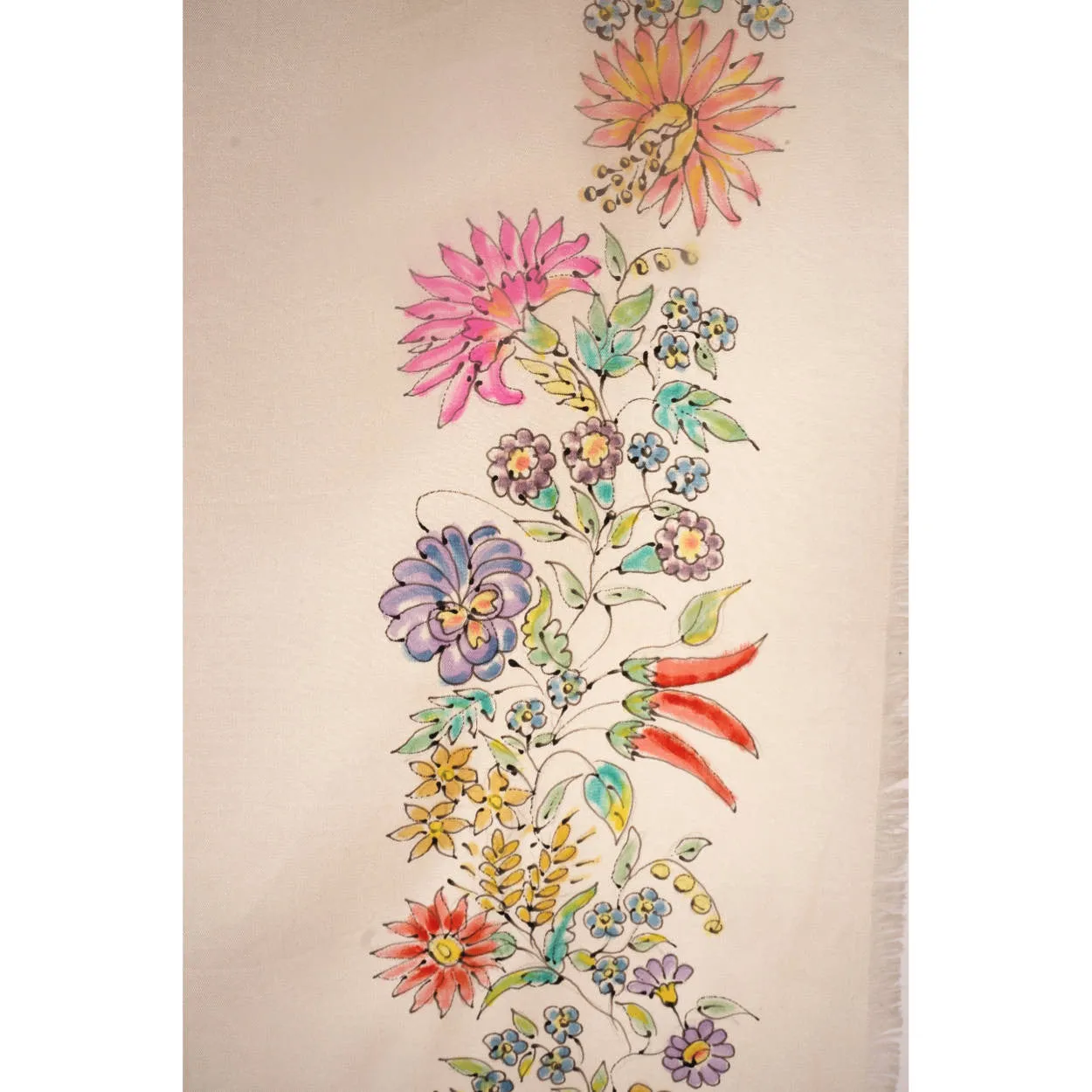 Vintage Hand Painted Silk Twill Scarf Floral Design Signed by Artist 18 x 51