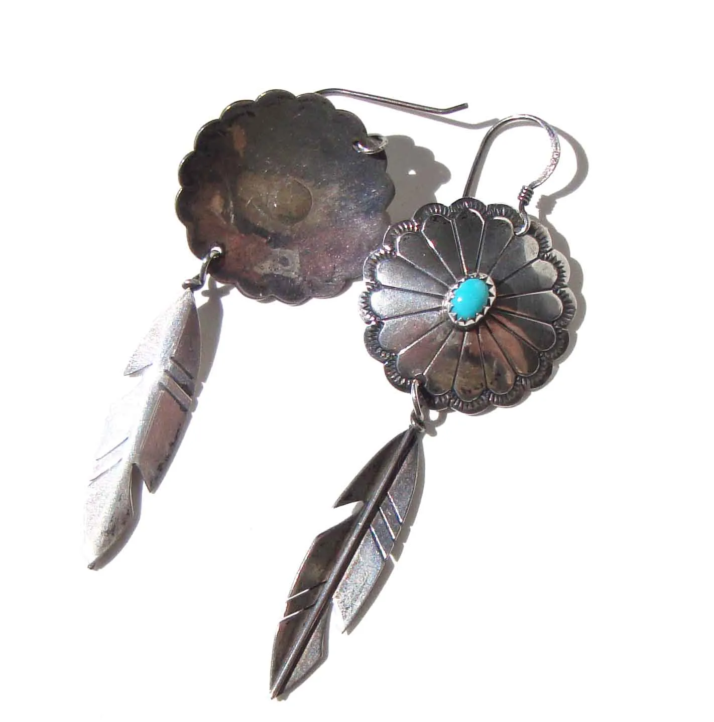 Vintage Navajo Earrings Sterling Turquoise Concha & Feather