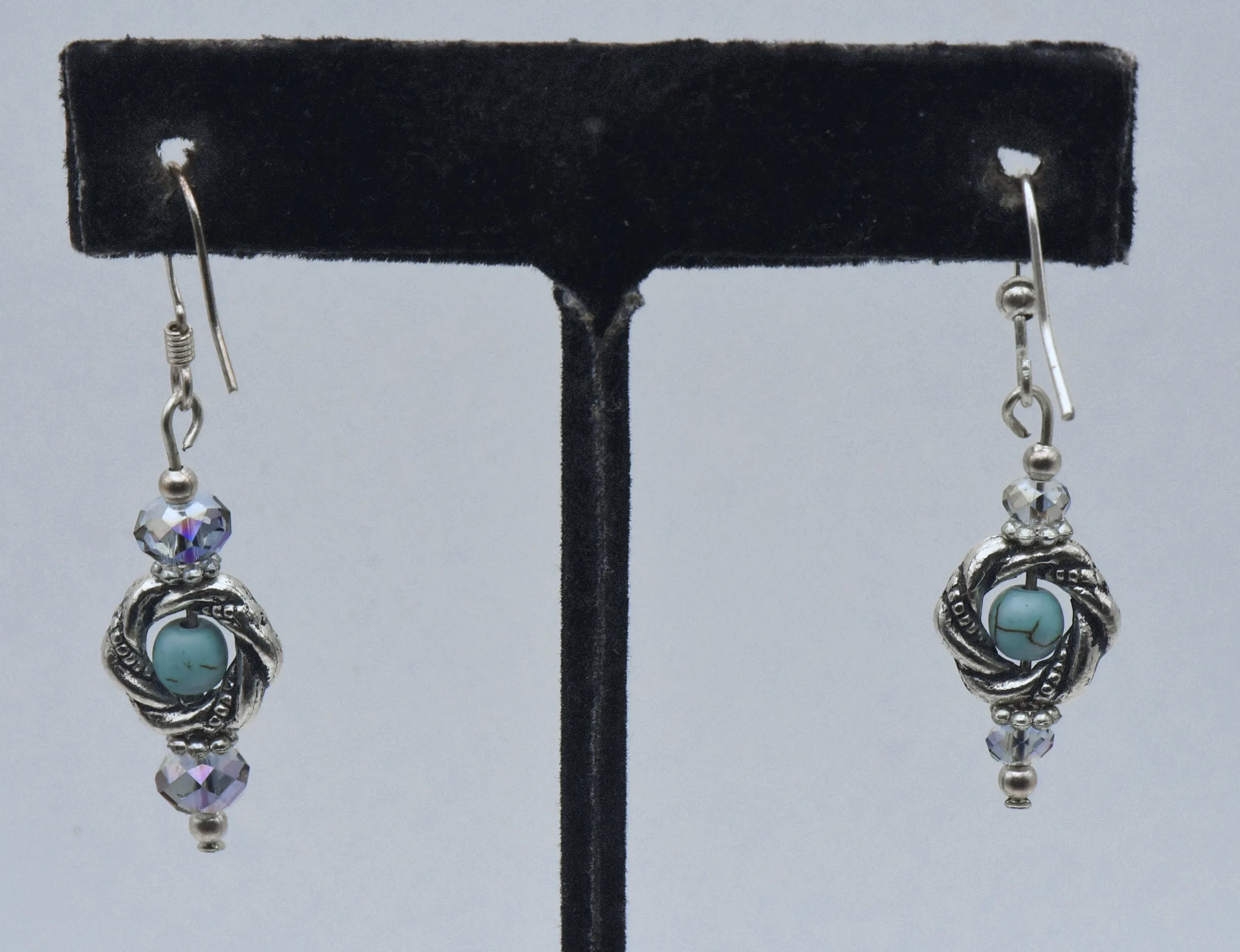 Vintage Silver Tone and Faux Turquoise Bead Dangle Earrings