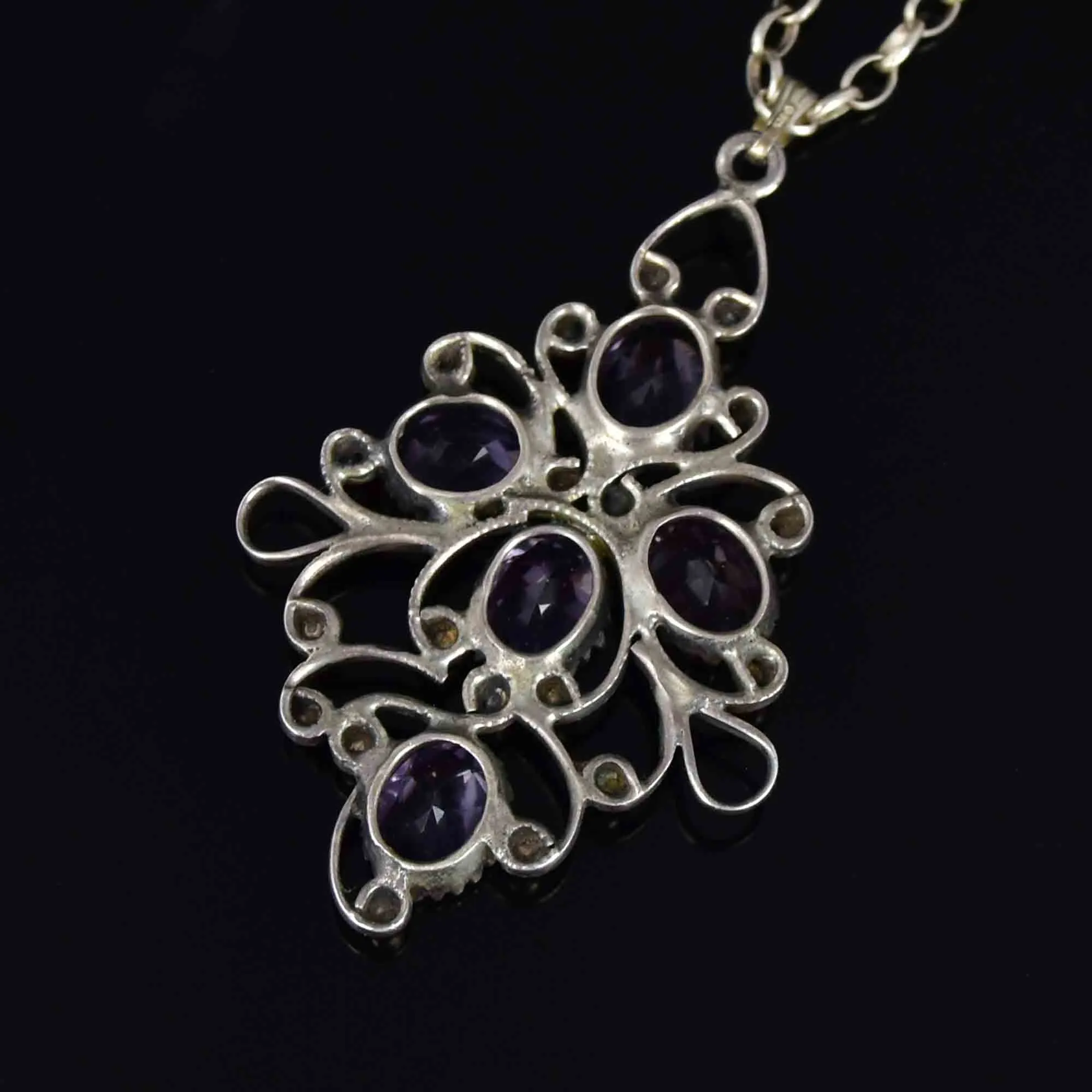 Vintage Sterling Silver Amethyst Scroll Pendant Necklace