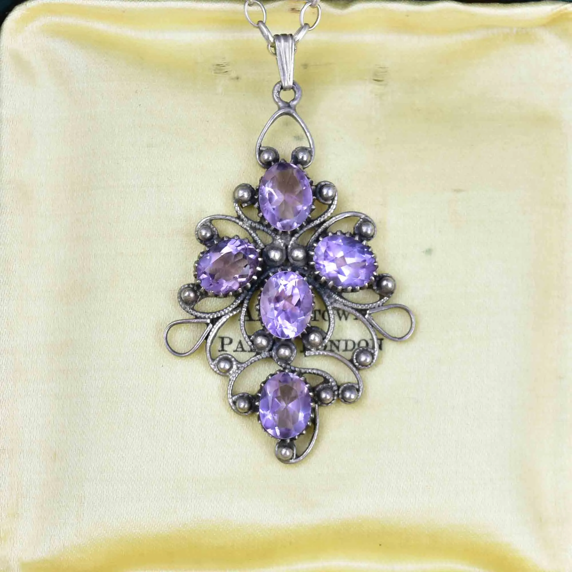 Vintage Sterling Silver Amethyst Scroll Pendant Necklace