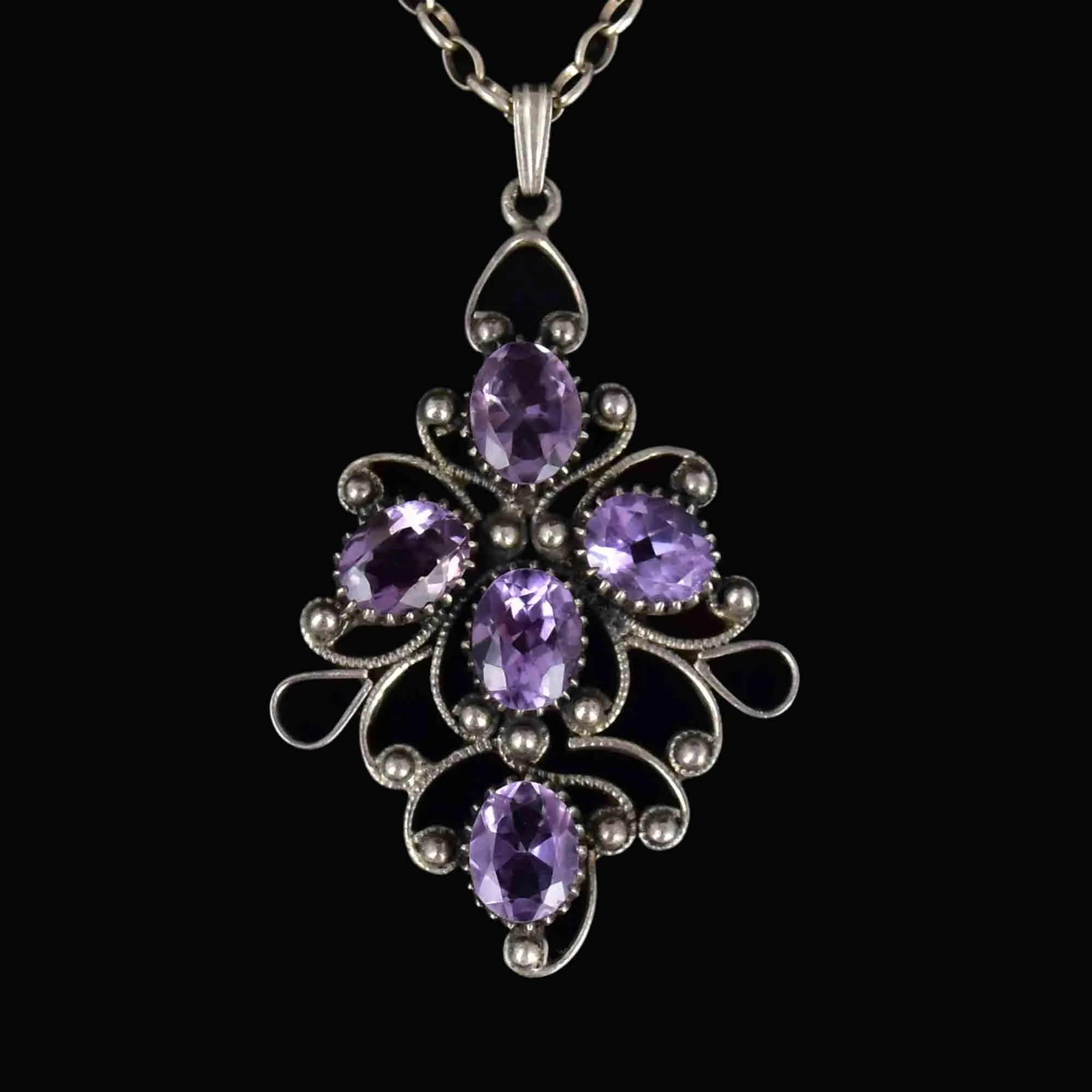 Vintage Sterling Silver Amethyst Scroll Pendant Necklace