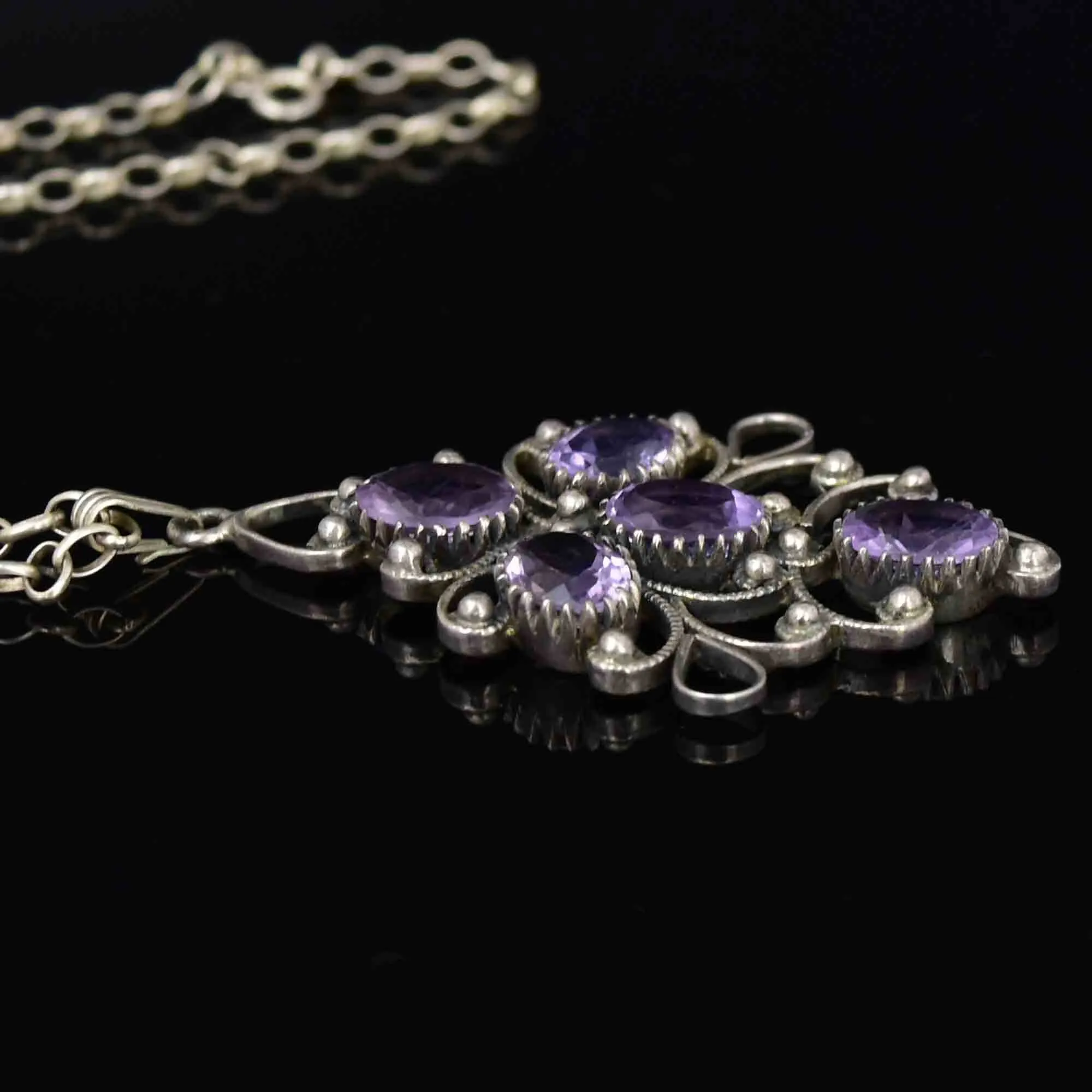 Vintage Sterling Silver Amethyst Scroll Pendant Necklace