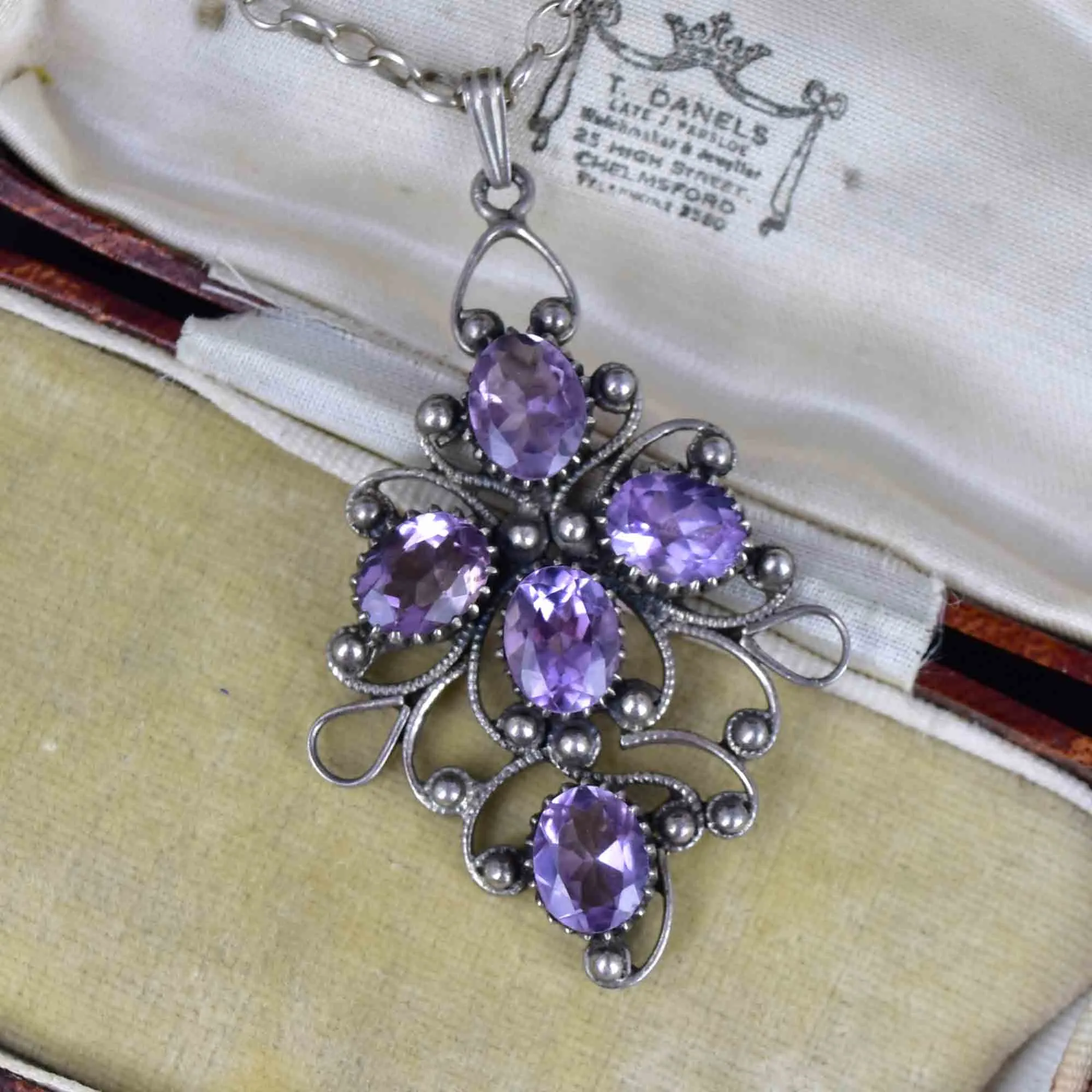 Vintage Sterling Silver Amethyst Scroll Pendant Necklace