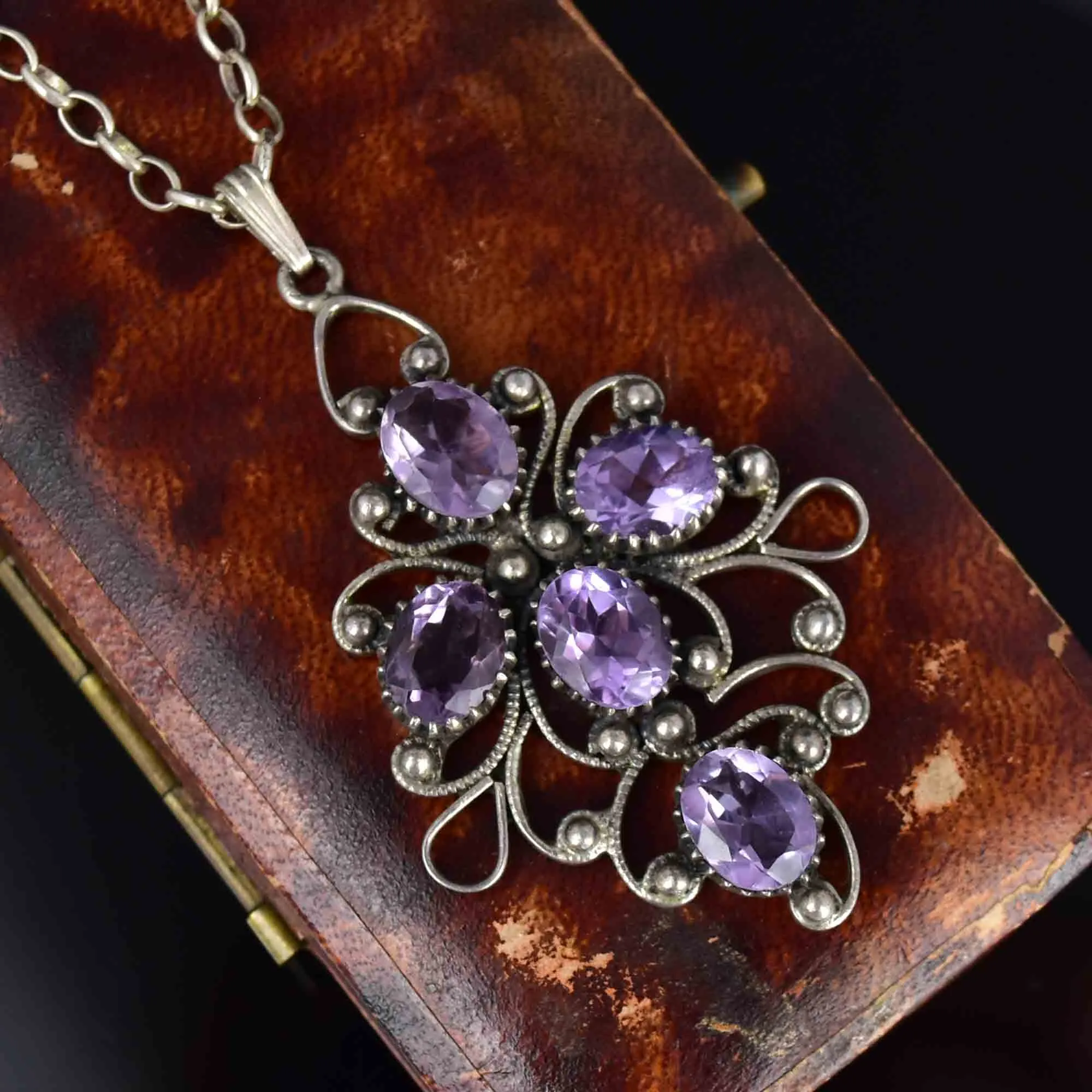 Vintage Sterling Silver Amethyst Scroll Pendant Necklace