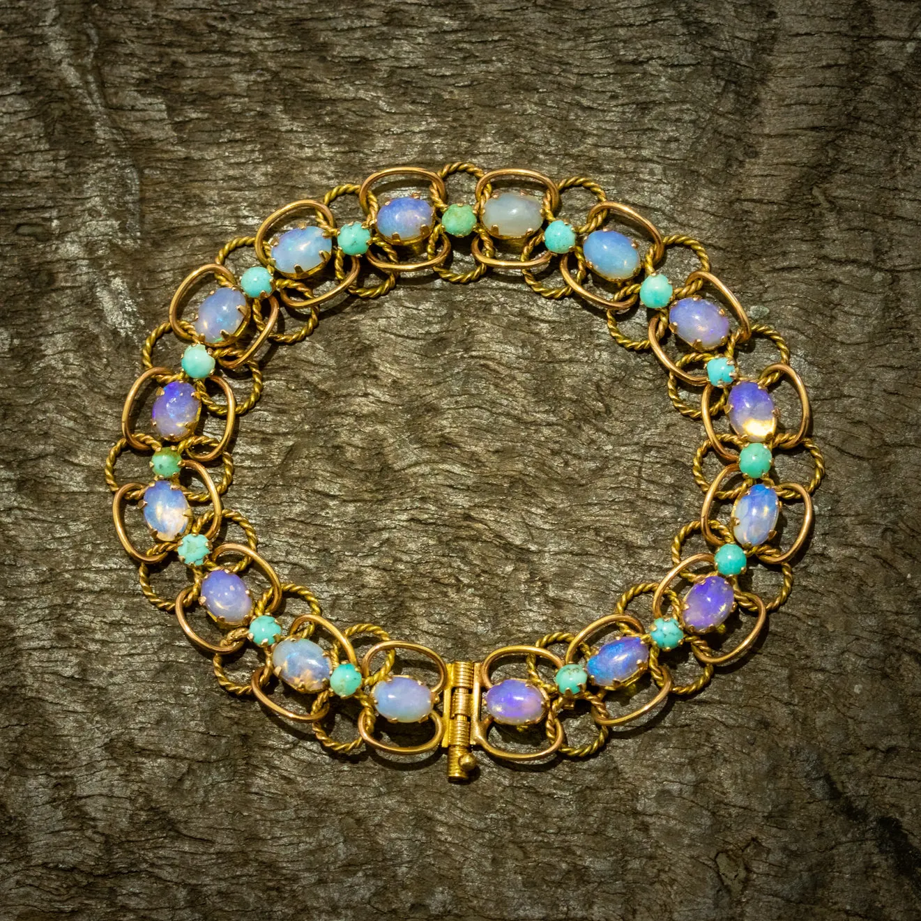 Vintage Turquoise Natural Opal Bracelet 14Ct Gold Circa 1940