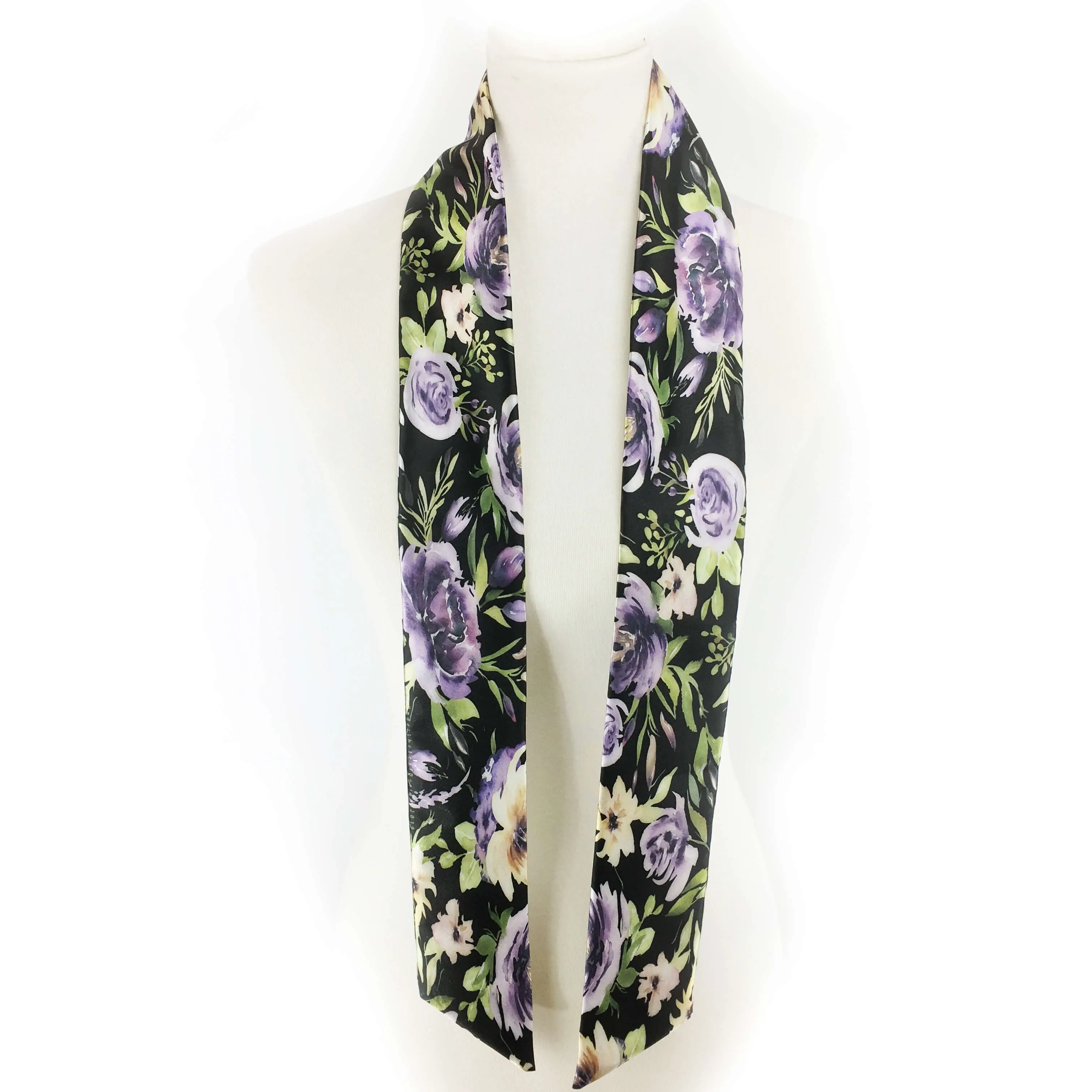 Watercolor mixed floral skinny scarf on black