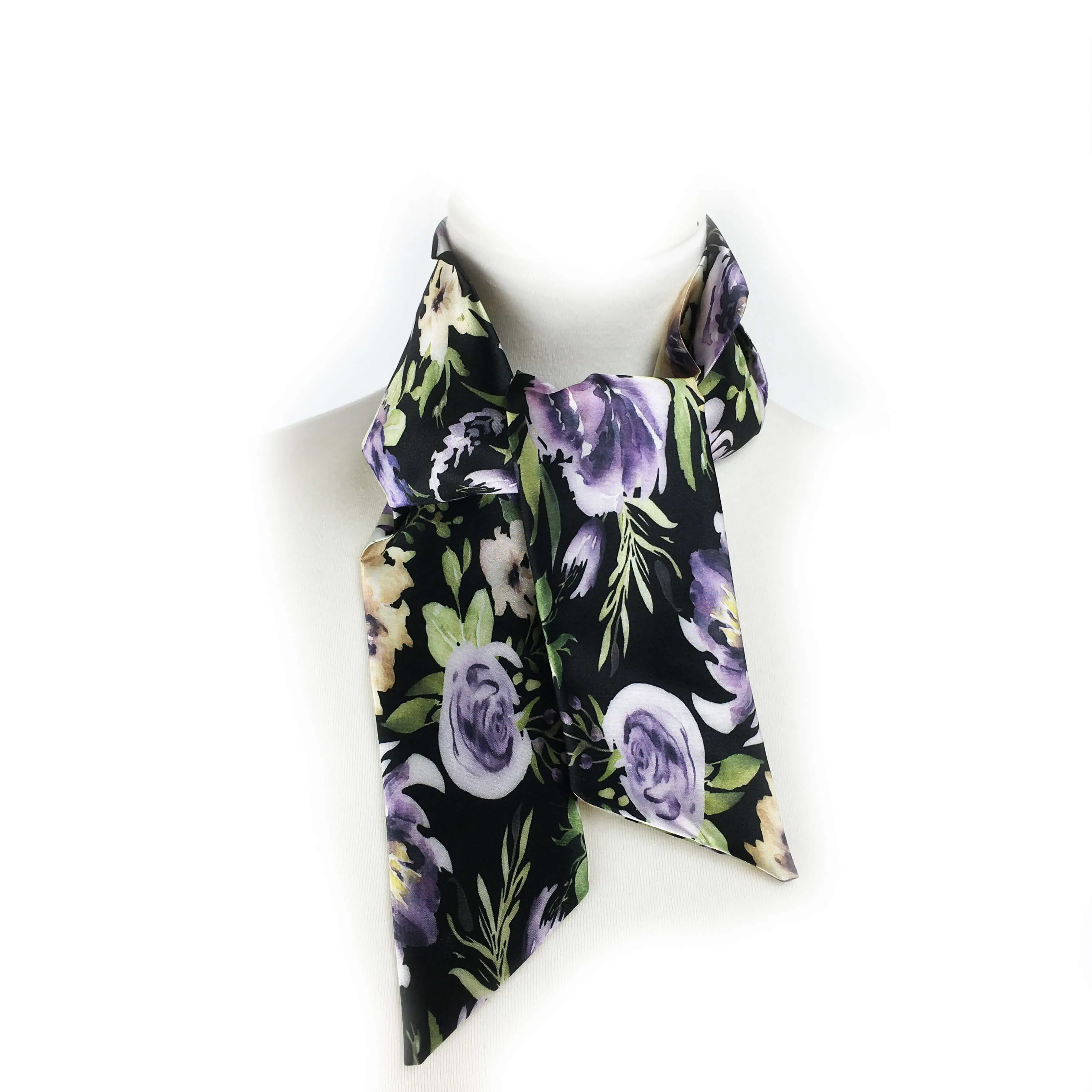 Watercolor mixed floral skinny scarf on black