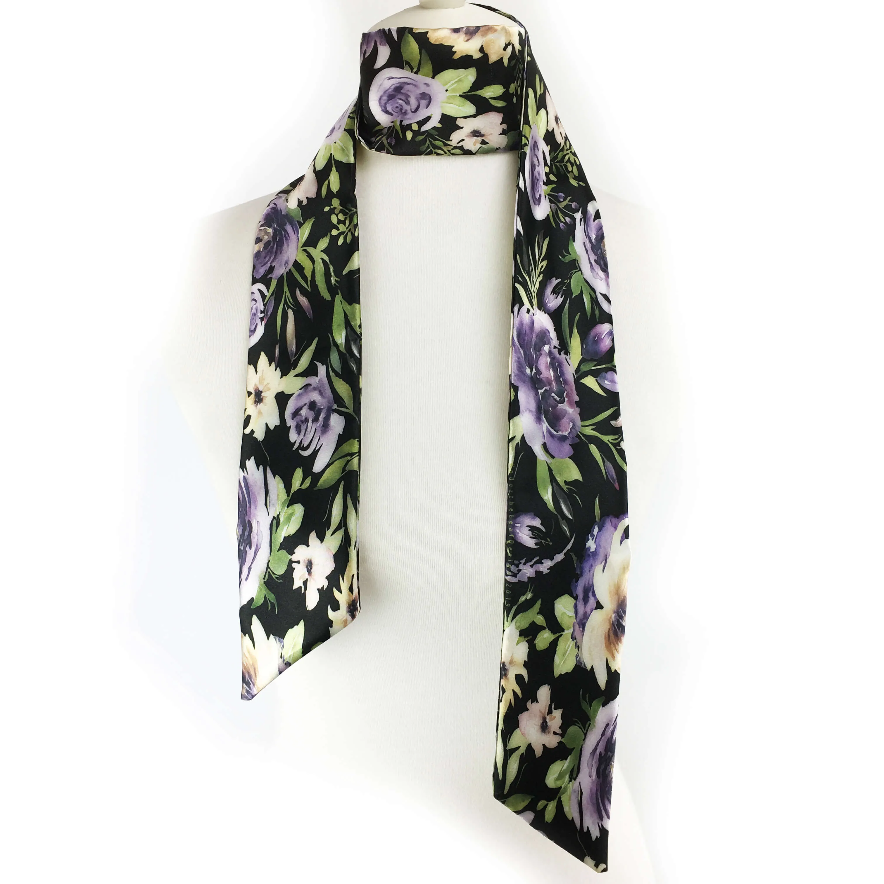 Watercolor mixed floral skinny scarf on black