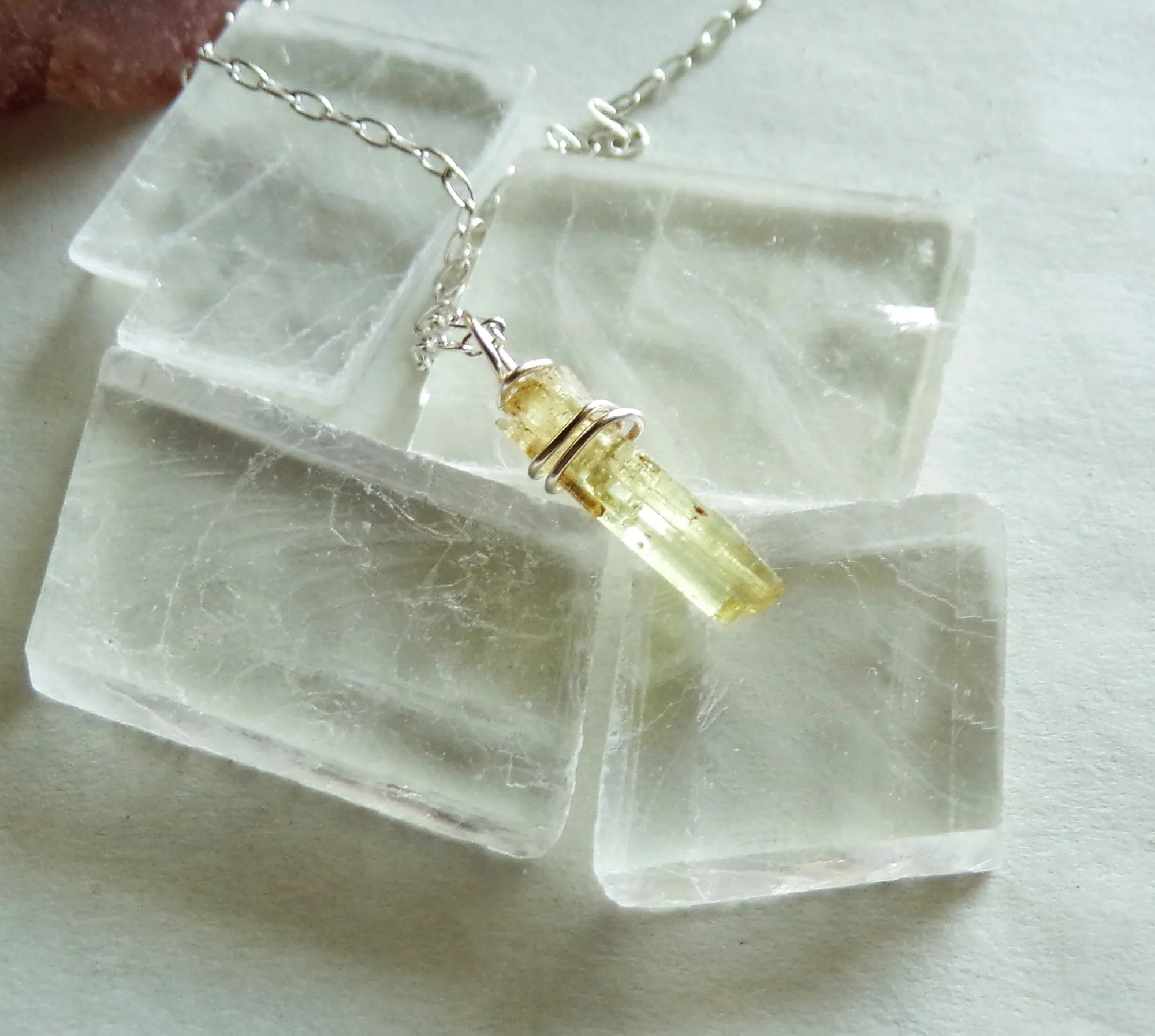 Yellow Beryl Heliodor Gemstone Raw Crystal Pendant Necklace