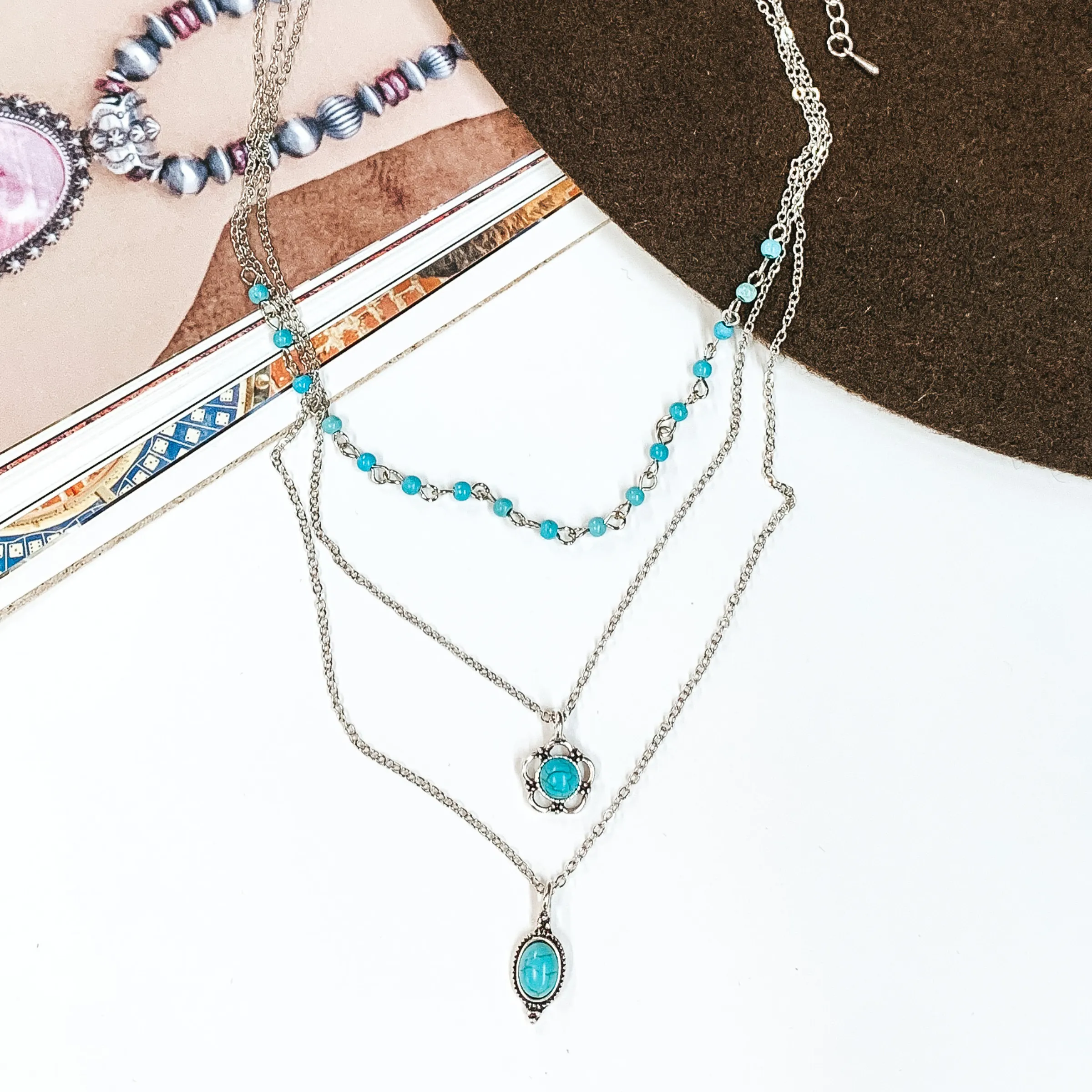 Yours For The Weekend Three Layered Silver Necklace with Beaded Chain and Stone Pendants in Turquoise